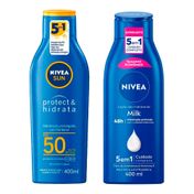 Kit-Protetor-Solar-Nivea-Sun-Protect-e-Hidrata-FPS50-400ml---Locao-Deo-Hidratante-Corporal-Nivea-Milk-Hidratacao-Profunda-400ml