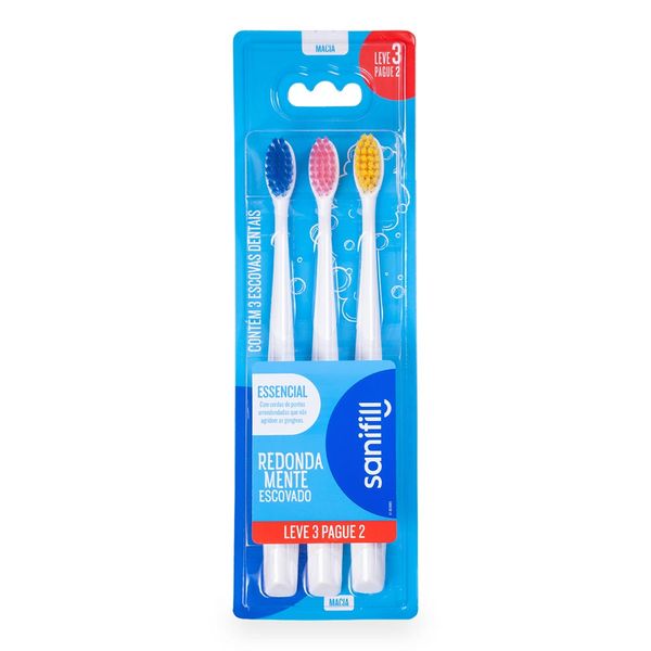 Escova de Dentes Sanifill Essencial Cerdas Macia 3 Unidades Cores Sortidas