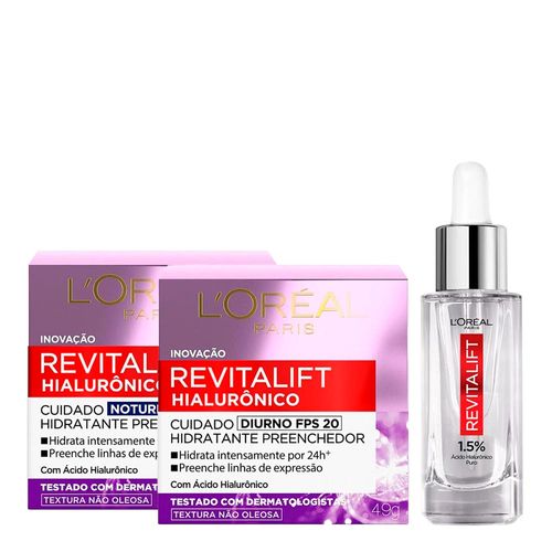 Kit-Facial-LOreal-Paris-Revitalift-Anti-idade-Hialuronico-Creme-Noturno-49g---Creme-Diurno-FPS20-49g---Serum-30ml