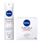 Kit-Nivea-Desodorante-Aerosol-Deomilk-Sensitive-150ml---Sabonete-em-Barra-Pure-Milk-Sensitive-90g