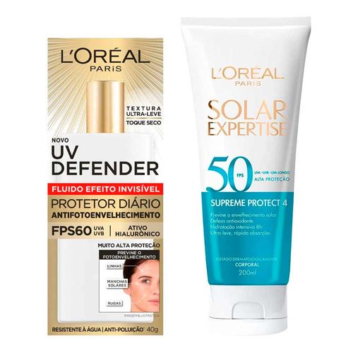 Kit-LOreal-Paris-Protetor-Solar-Facial-UV-Defender-60-FPS-40g---Protetor-Solar-Corporal-Solar-Expertise-Supreme-Protect-4-FPS-50-200ml