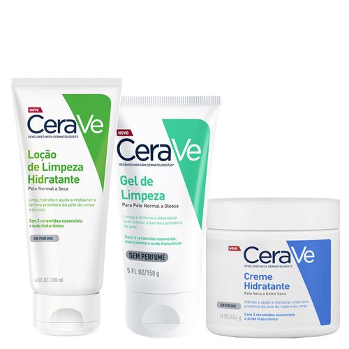 Kit Cerave - Creme Hidratante Corporal- 454 G- + Gel Facial De Limpeza 150 G- + Loção De Limpeza Corporal 200 Ml