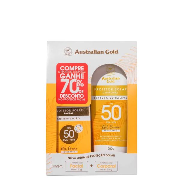 Kit Protetor Solar Australian Gold - Protetor Facial FPS 50 50 g + Protetor Corporal Gel Creme FPS 50 200 g