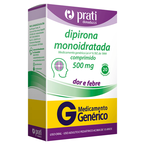 Analgésico E Antitérmico Dipirona Monoidratada 500Mg Genérico Prati Donaduzzi 20 Comprimidos