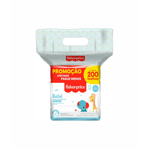 Kit Lenço Umedecido Fisher Price Sem Perfume 4 Pacotes com 50 Unidades