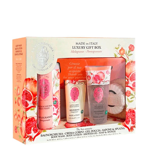 Kit Florentina Spa Pomegranate - Sabonete Liquido 500ml + Shower Gel 200ml + Body Lotion 200ml + Sabonete 115g + Esponja de Banho