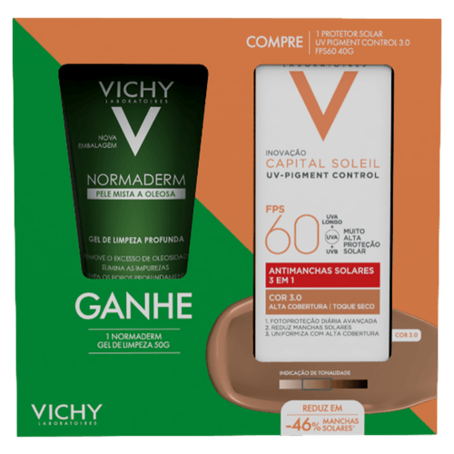 Kit Vichy Protetor Solar Facial Fps 60 Capital Soleil Uv-Pigment Control 3.0 40G + Gel De Limpeza Normaderm 50G