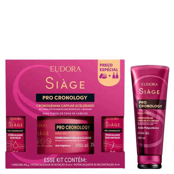 Kit Eudora Siàge Pro Cronology Cronograma Capilar Acelerado 3 Produtos + Shampoo 250ml