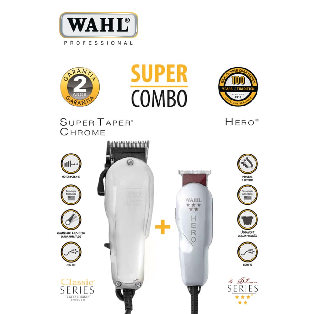 Kit Máquina de Cortar Cabelo Wahl Super Taper Chrome e Hero 127v