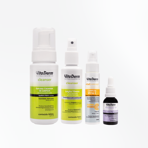 Kit Pele Normal e Seca - Espuma Cremosa de Limpeza Cleanser + Loção Tônica Calmante Cleanser + Complex Vita C + Elixir Ultra Filler 5D Noturno