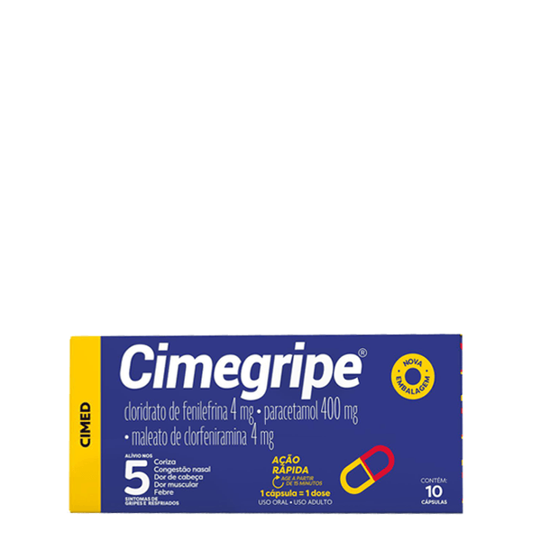 Analgésico, Antitérmico e Antigripal Cimegripe 400mg + 4mg + 4mg 10 Cápsulas