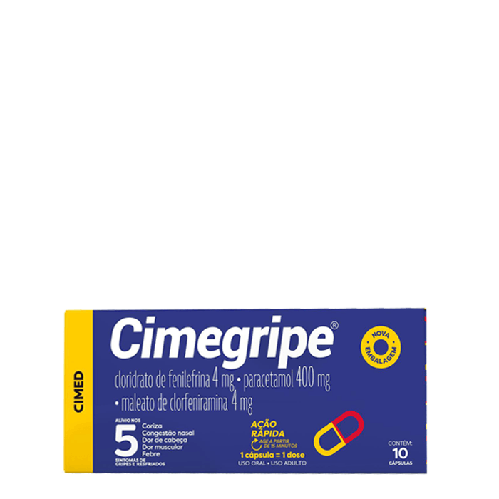 Analgésico, Antitérmico e Antigripal Cimegripe 400mg + 4mg + 4mg 10 Cápsulas