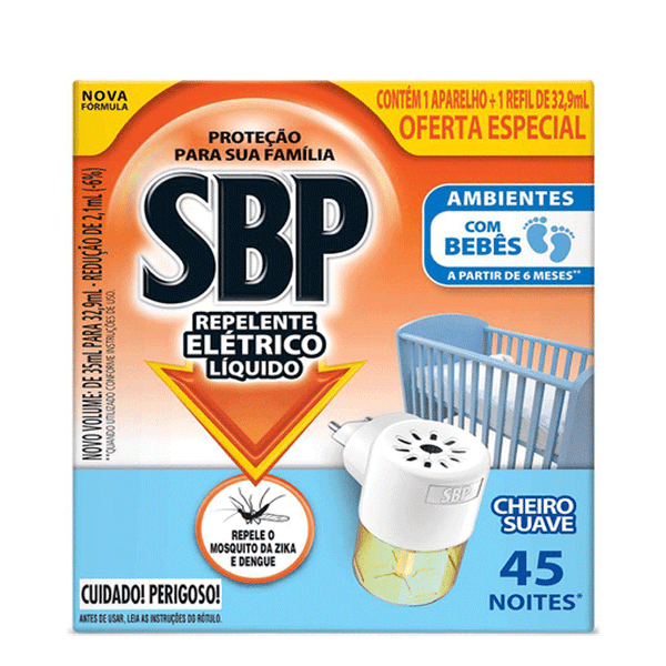 Repelente Elétrico Líquido SBP 45 Noites Cheiro Suave + Refil 35ml