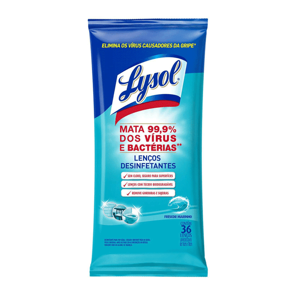 Lenços Desinfetantes Lysol Frescor Marinho 36 Unidades