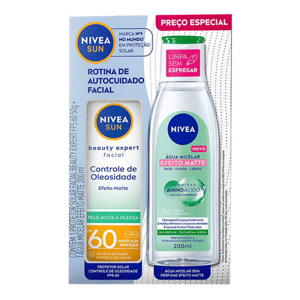 Kit Nivea Protetor Solar Facial FPS 60 Controle de Oleosidade 50g + Água Micelar Efeito Matte 200ml