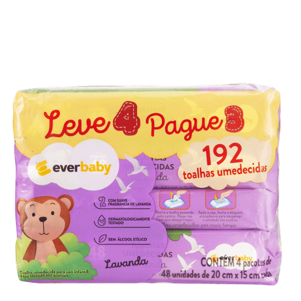 Kit Toalhas Umedecidas Ever Baby Lavanda 4 pacotes 48 Unidades
