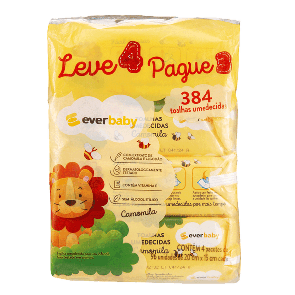Kit Toalhas Umedecidas Ever Baby Camomila 4 Pacotes com 96 Unidades Cada