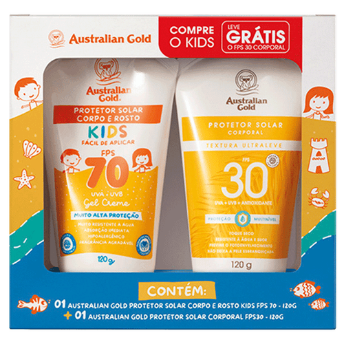 Kit Australian Gold Protetor Solar Infantil Rosto E Corpo Fps 70 120G + Corporal Fps 30 120G