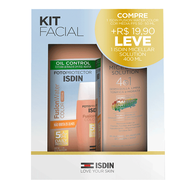 Kit Isdin Protetor Solar Facial Fotoprotector Fusion Water FPS 50 Cor Média 50ml + Água Micelar 400ml