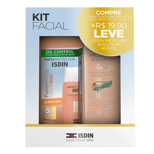 Kit Isdin Protetor Solar Facial Fotoprotector Fusion Water Fps 50 Cor Média 50Ml + Água Micelar 400Ml