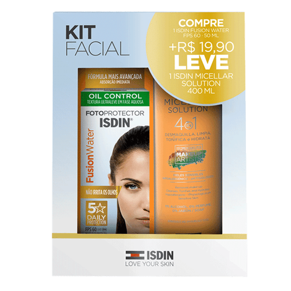 Kit Isdin Protetor Solar Facial Fotoprotector Fusion Water FPS 60 50ml + Água Micelar 400ml