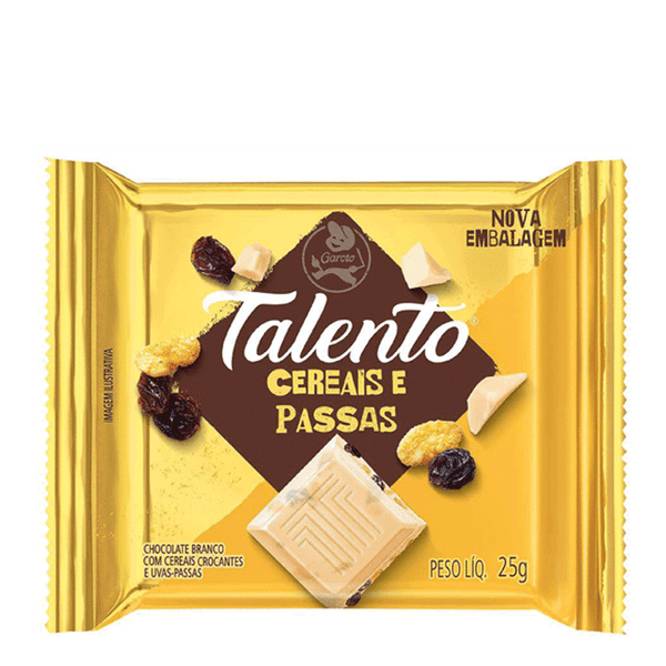 Chocolate Talento Mini Branco com Cereais 25g Chocolate Garoto Talento Branco Cereais e Passas 25g