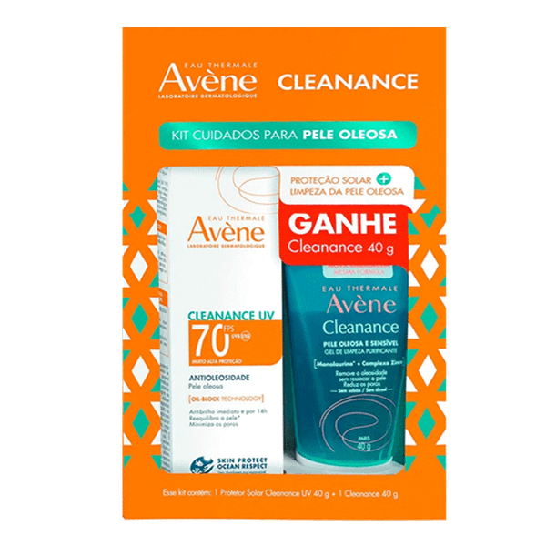 Kit Avène Protetor Solar Facial FPS 70 Cleanance UV Antioleosidade 40g + Gel de Limpeza Facial Cleanance 40g