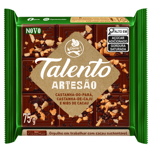 Chocolate Talento Artesão Castanha de Caju, Castanha do Pará e Nibs de Cacau 75g