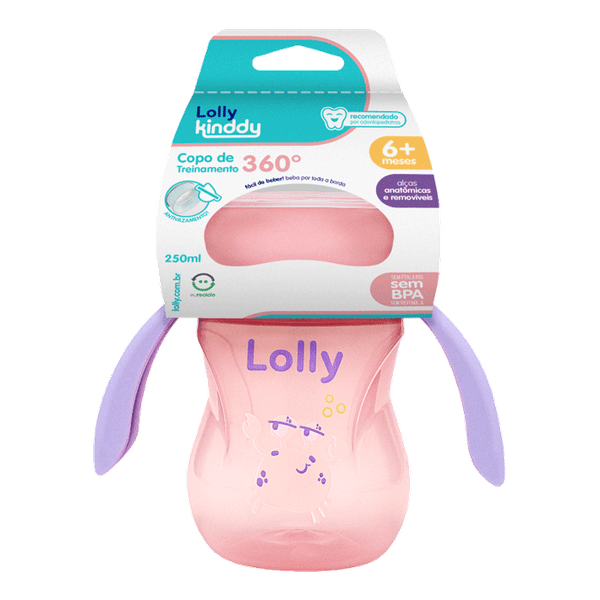 Copo Infantil com Alca Lolly Kindy 360° Oceano Rosa 250ml