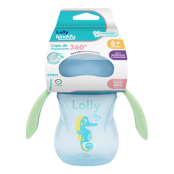 Copo Infantil com Alca Lolly Kindy 360° Oceano Azul 250ml