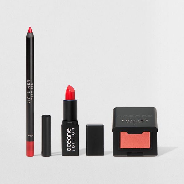 Kit Mini Batom Vermelho + Mini Blush Cremoso + Lápis de Contorno Labial Océane Edition (3 Produtos)