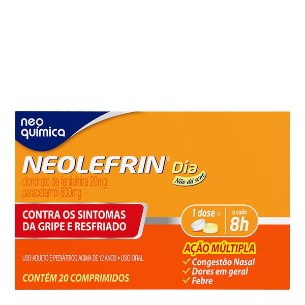 Antigripal, Descongestionante, Analgésico e Antitérmico Neolefrin Dia 800mg + 20mg 20 Comprimidos