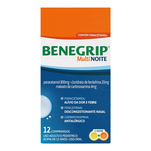 Antigripal, Analgésico, Antitérmico, Antialérgico E Descongestionante Benegrip Multi Noite 800Mg + 20Mg + 4Mg 12 Comprimidos