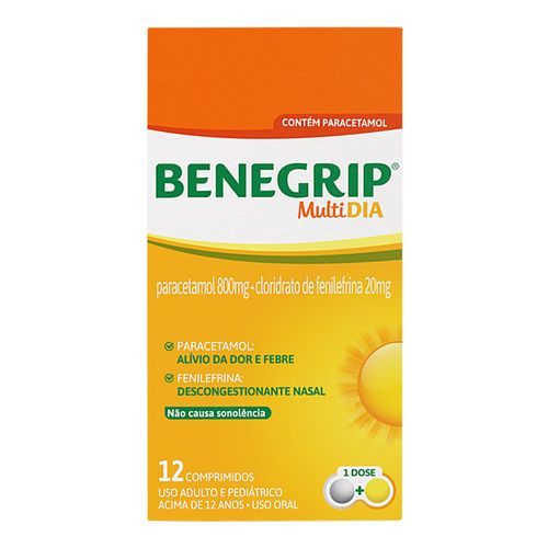 Antigripal, Analgésico, Antitérmico E Descongestionante Benegrip Multi Dia 800Mg + 20Mg 12 Comprimidos