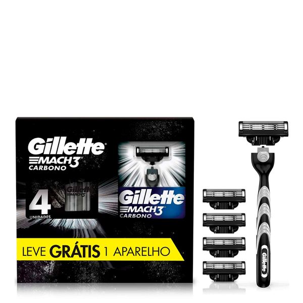 Kit Gillette Mach3 Carbono Aparelho de Barbear 1 Unidade + Refil 4 Unidades