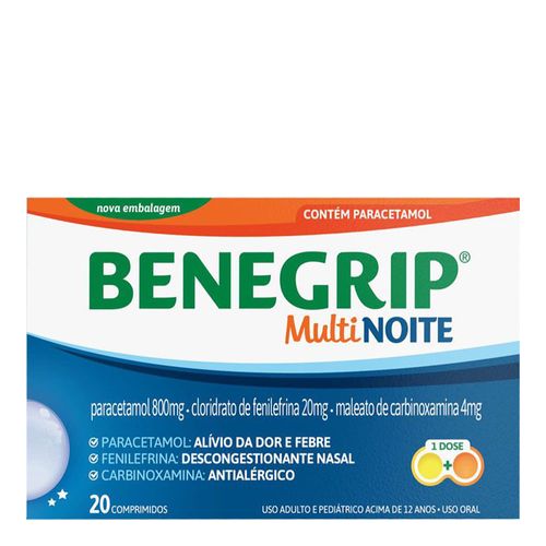 Antigripal, Analgésico, Antitérmico, Antialérgico E Descongestionante Benegrip Multi Noite 800Mg + 20Mg + 4Mg 20 Comprimidos