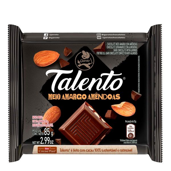 Chocolate Garoto Talento Meio Amargo Com Amêndoas 85g