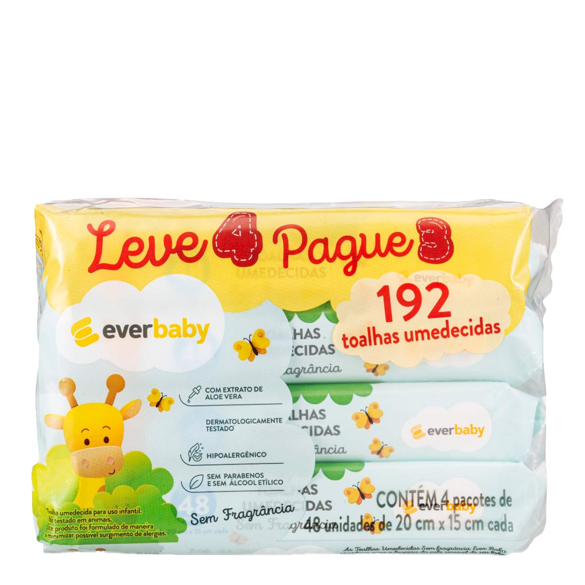 Kit Lenço Umedecido Ever Baby Sem Perfume 4 pacotes 48 Unidades