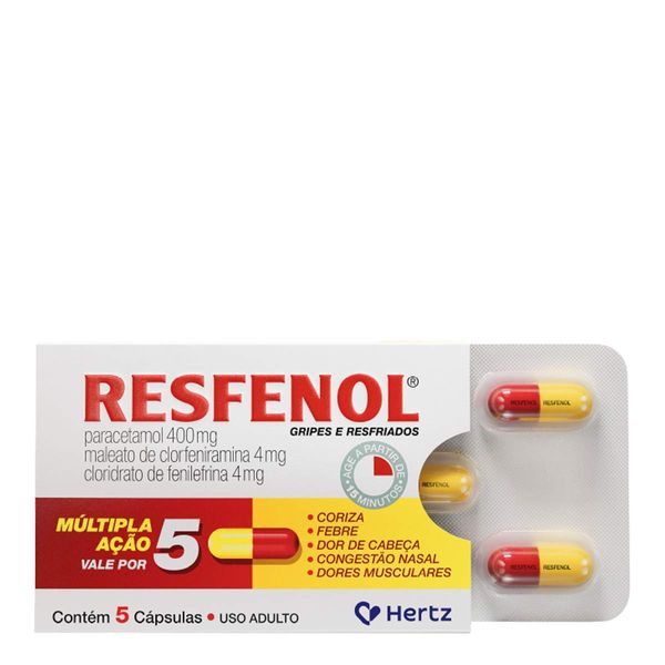Antigripal, Analgésico, Antitérmico e Descongestionante Resfenol 400mg + 4mg + 4mg 5 Cápsulas