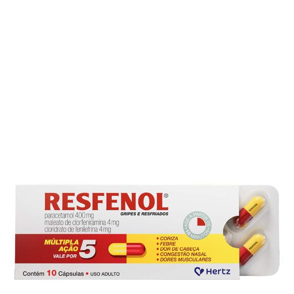 Antigripal, Analgésico, Antitérmico e Descongestionante Resfenol 400mg + 4mg + 4mg 10 Cápsulas