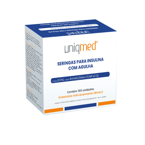 Seringa Insulina 0,5ml Estéril Agulha 6x0,25mm 31G Cx 100un - UniqMed
