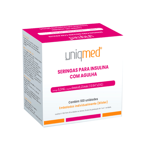 Seringa Insulina 0,3ml Estéril Agulha 6x0,25mm 31G - Cx 100un - UniqMed