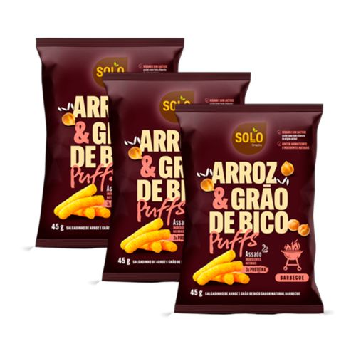 Kit 3X: Snack Puffs Arroz e Grão de Bico Barbecue Solo Snacks 45g