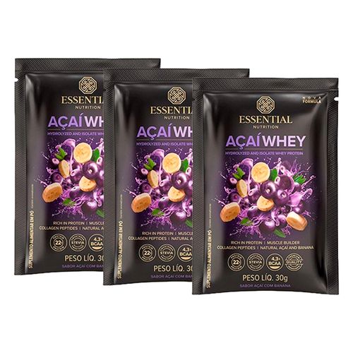 Kit 3X: Açaí Whey Sachê Essential Nutrition 30g Açaí