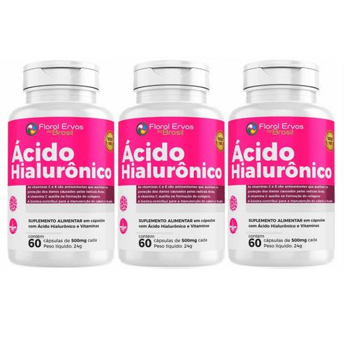 KIT 03 ACIDO HIALURONICO 60 CAPS 500 MG FLORAL ERVAS