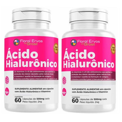 KIT 02 ACIDO HIALURONICO 60 CAPS 500 MG FLORAL ERVAS
