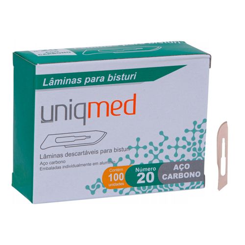 Lâminas Para Bisturi Descartáveis Aço Carbono 100 Un Uniqmed N20