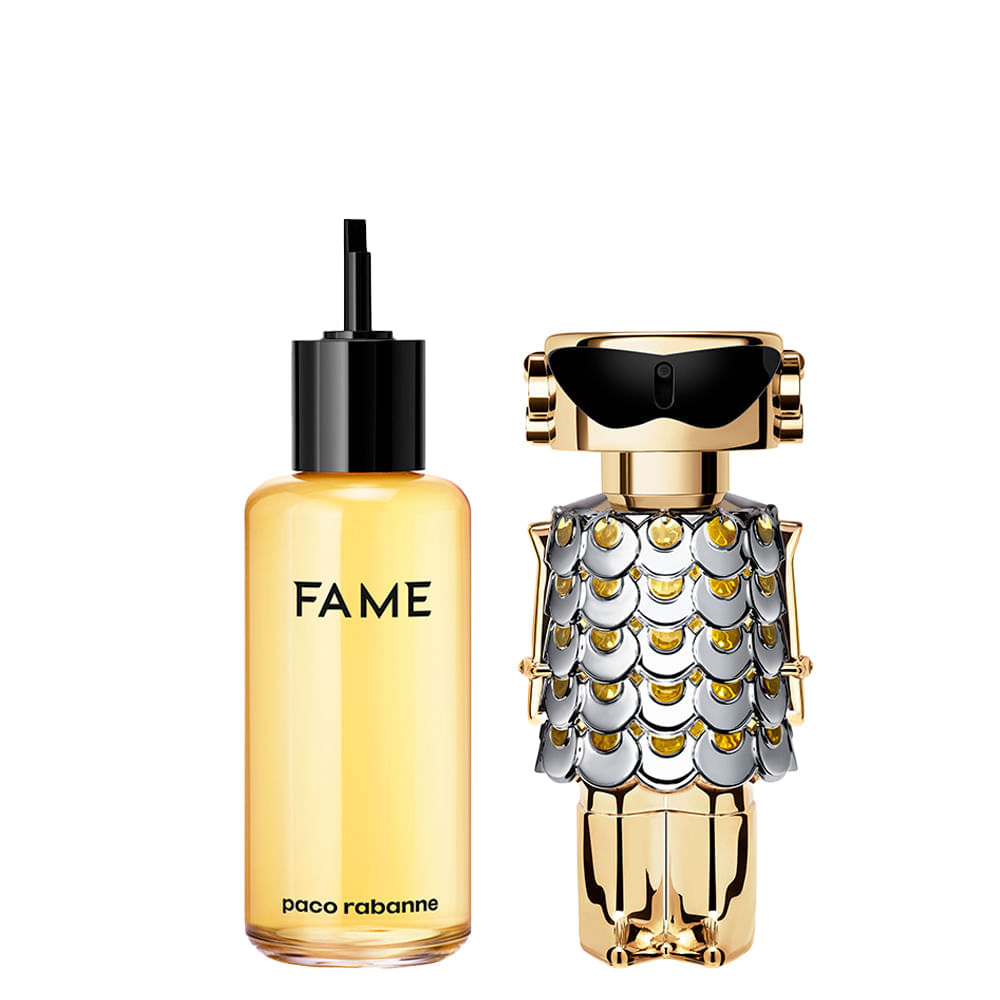 Kit Perfume Rabanne Fame Feminino Eau de Parfum 200 ml Refil + Perfume 80 ml Recarregável