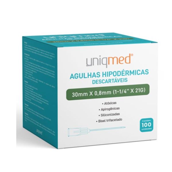 Agulha Descartável Hipodérmica (caixa com 100 unidades) - Uniqmed 30x0,8mm
