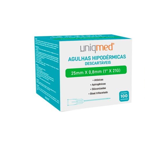 Agulha Descartável Hipodérmica (caixa com 100 unidades) - Uniqmed 25x0,8mm Agulha Descartável Hipodérmica (caixa com 100 unidades) - Uniqmed 25x0,8mm